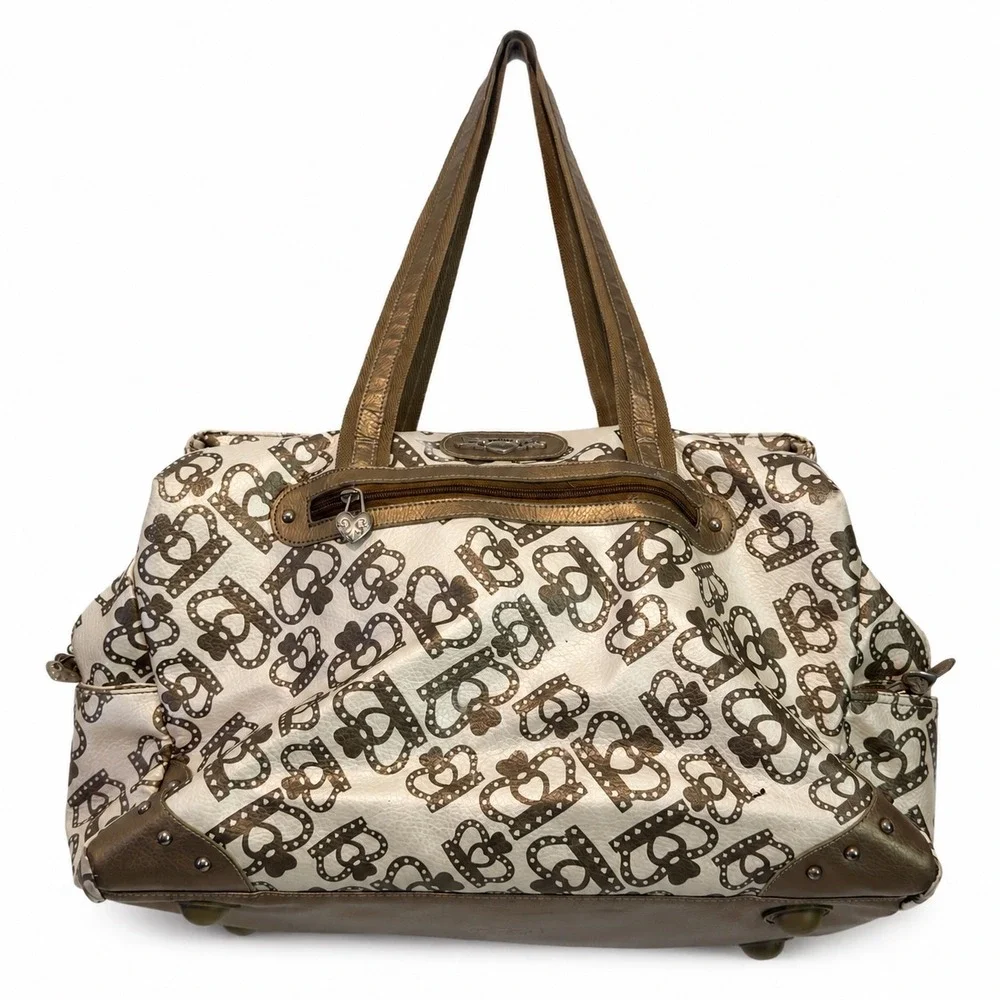 Kathy Van Zeeland Crown Monogram‎ Satchel Bag Bronze Cream Metallic Y2K Tote